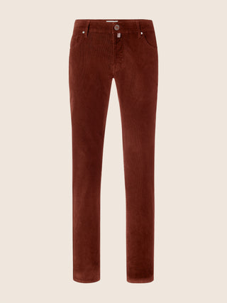 Pantalones Nick 5 bolsillos entallados de terciopelo stretch milrayas rojo 1