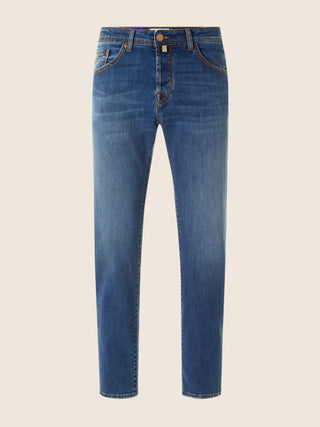 Scott Carrot Slim 5 Pocket Jeans in Light Blue Stretch Denim with Vintage Wash