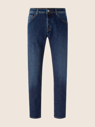 Scott Carrot Slim 5 Pocket Jeans in Dark Blue Cotton and Lyocell Comfort Denim with Stone Wash