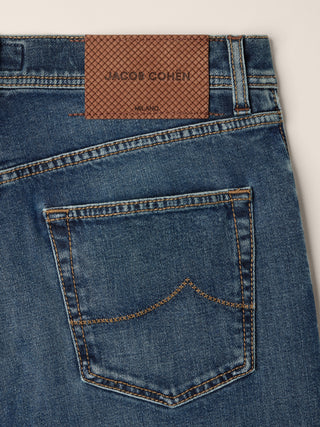 Edo Regular-Straight 5 Pocket Jeans in Medium Blue Cotton and Lyocell Comfort Denim with Vintage Wash 2