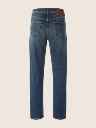 Edo Regular-Straight 5 Pocket Jeans in Medium Blue Cotton and Lyocell Comfort Denim with Vintage Wash 3
