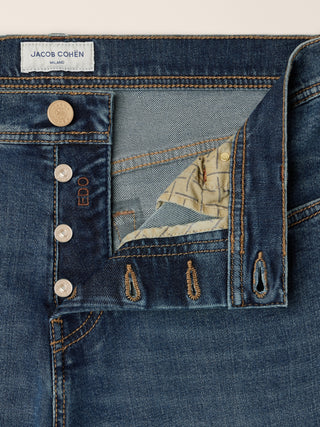 Edo Regular-Straight 5 Pocket Jeans in Medium Blue Cotton and Lyocell Comfort Denim with Vintage Wash 4