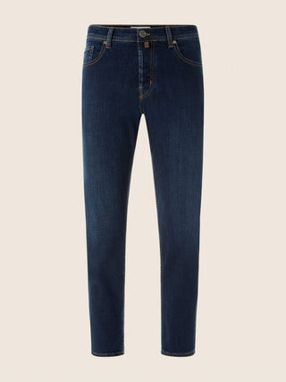 Jude Tapered 5 Pocket Jeans in Dark Blue Comfort Denim with Stone Wash