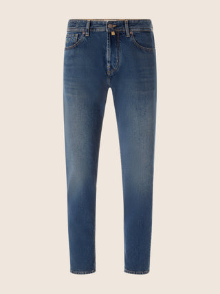 5-Pocket-Jeans Jude Tapered Fit aus dunkelblauem Baumwolldenim mit Vintage-Waschung
