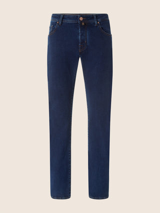 Luis Regular 5 Pocket Jeans in Dark Blue Stretch Denim with Rinse Wash
