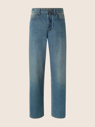 Chris Straight 5 Pocket Jeans in Medium Blue Cotton Denim with Vintage Wash 1