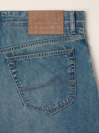 Chris Straight 5 Pocket Jeans in Medium Blue Cotton Denim with Vintage Wash 2