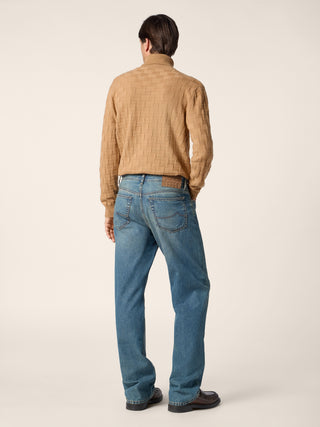 Chris Straight 5 Pocket Jeans in Medium Blue Cotton Denim with Vintage Wash 4