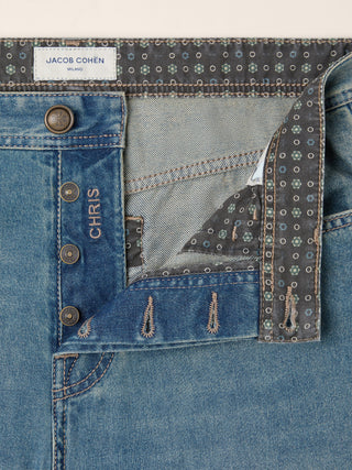 Chris Straight 5 Pocket Jeans in Medium Blue Cotton Denim with Vintage Wash 5