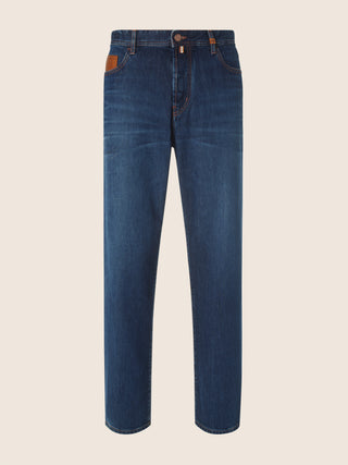Alex Straight 5 Pocket Jeans in Dark Blue Cotton Denim with Vintage Wash 1