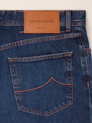 Alex Straight 5 Pocket Jeans in Dark Blue Cotton Denim with Vintage Wash 2