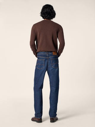 Alex Straight 5 Pocket Jeans in Dark Blue Cotton Denim with Vintage Wash 4