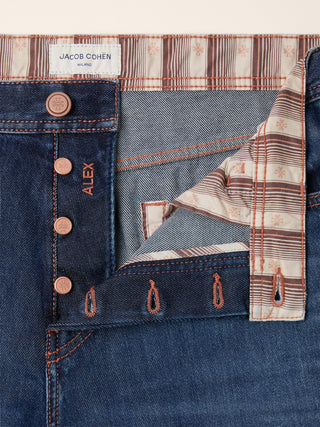 Alex Straight 5 Pocket Jeans in Dark Blue Cotton Denim with Vintage Wash 5