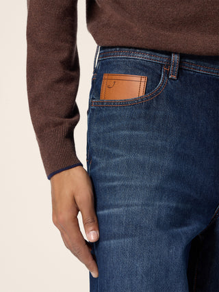 Alex Straight 5 Pocket Jeans in Dark Blue Cotton Denim with Vintage Wash 6