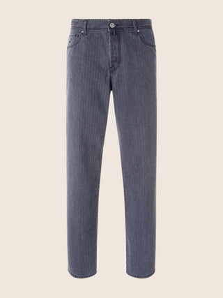 Alex Straight 5 Pocket Jeans in Steel Blue Herringbone Denim with Vintage Wash 1