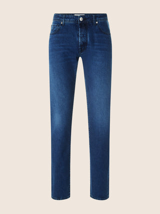 Bard Regular-Slim 5 Pocket Jeans in Medium Blue Kodenshi® Stretch Denim with Vintage Wash 1
