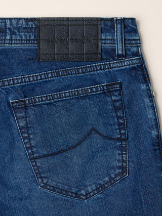 Bard Regular-Slim 5 Pocket Jeans in Medium Blue Kodenshi® Stretch Denim with Vintage Wash 2