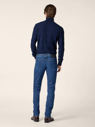 Bard Regular-Slim 5 Pocket Jeans in Medium Blue Kodenshi® Stretch Denim with Vintage Wash 4