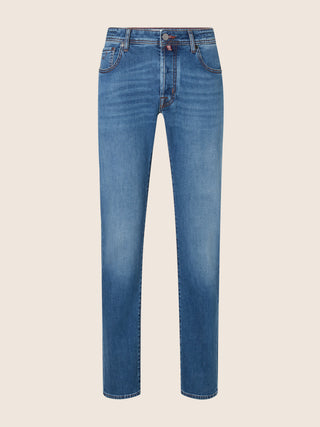 Bard Regular-Slim 5 Pocket Jeans in Medium Blue Cashmere-Cotton Comfort Denim with Vintage Wash 1
