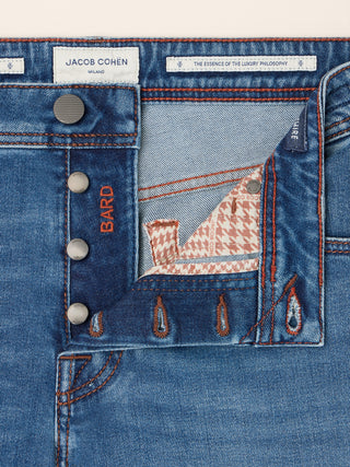 Bard Regular-Slim 5 Pocket Jeans in Medium Blue Cashmere-Cotton Comfort Denim with Vintage Wash 4