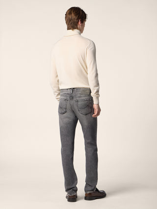 Bard Regular-Slim 5 Pocket Jeans in Light Black Cotton and Lyocell Denim with Vintage Wash 4