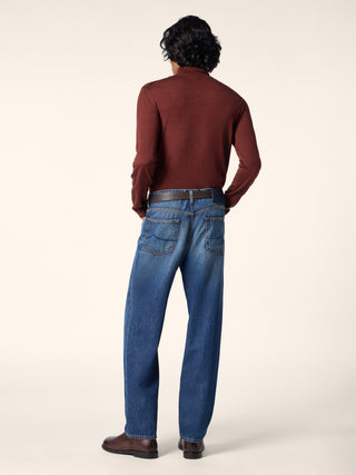 Alex Straight 5 Pocket Jeans in Medium Blue Cotton and Lyocell Denim with Vintage Wash 4