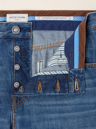 Alex Straight 5 Pocket Jeans in Medium Blue Cotton and Lyocell Denim with Vintage Wash 5