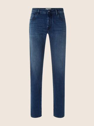 Jean 5 poches Bard, coupe regular-slim luxury, en denim extensible bleu moyen, délavage vintage 1