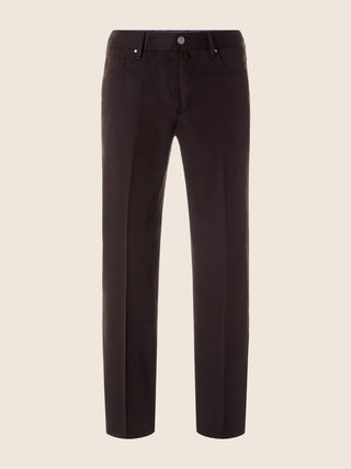 Edo Regular-Straight 5 Pocket Pants in Chocolate Brown Cotton and Wool Twill 1