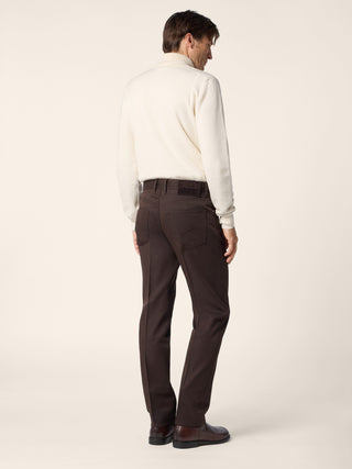 Edo Regular-Straight 5 Pocket Pants in Chocolate Brown Cotton and Wool Twill 4
