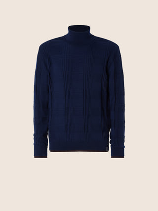 Pull à col roulé en laine peignée à carreaux couleur bleu nuit