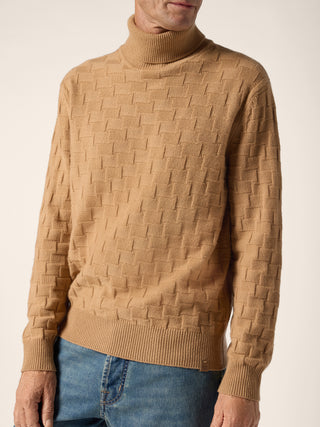 Rollkragenpullover aus Wolle und Kaschmir mit Hahnentrittmuster in Saharabeige 4