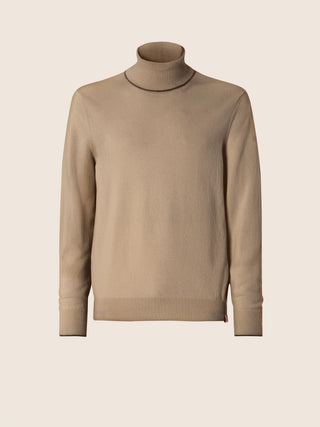 Rollkragenpullover aus beige meliertem Kaschmir mit kontrastierenden Abschlüssen