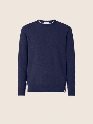 Crewneck Sweater in Midnight Blue Cashmere with Contrasting Trims