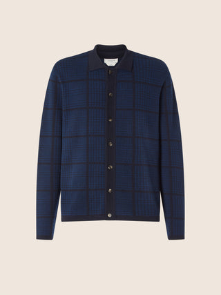 Cardigan in Wool and Silk Jacquard Piquet with Light Blue and Navy Blue Prince of Wales Motif 1