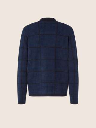 Cardigan in Wool and Silk Jacquard Piquet with Light Blue and Navy Blue Prince of Wales Motif 3