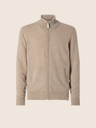 Zipped Cardigan in Beige Melange Cashmere with Contrasting Trims 1