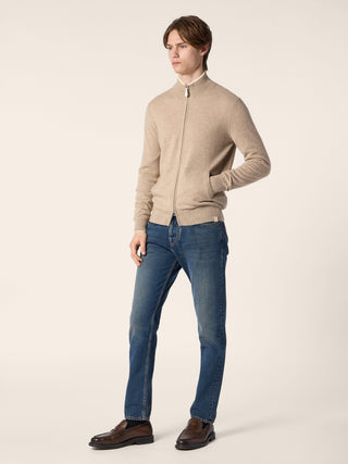 Zipped Cardigan in Beige Melange Cashmere with Contrasting Trims 2