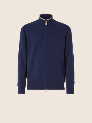Zipped Cardigan in Midnight Blue Cashmere with Contrasting Trims