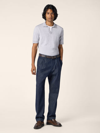 Short-Sleeve Polo in Light Grey Melange Wool and Silk 2