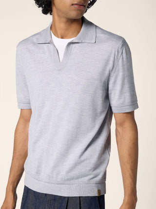 Short-Sleeve Polo in Light Grey Melange Wool and Silk 4
