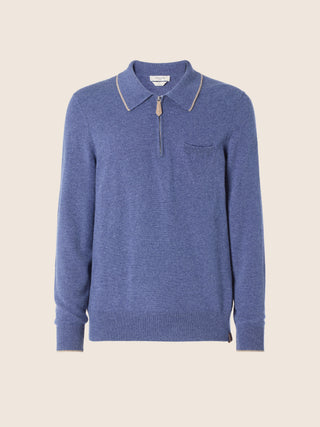 Langärmeliges Poloshirt mit Reißverschluss aus schiefergrauem Kaschmir und Abschlüssen in Kontrastfarbe
