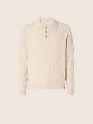 Langarm-Poloshirt aus Wolle und Kaschmir mit Hahnentrittmuster in meliertem Hellbeige