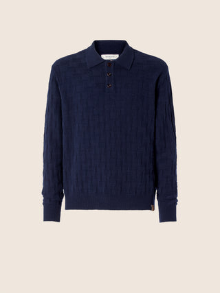 Poloshirt aus Wolle und Kaschmir mit Hahnentrittmuster in Nachtblau