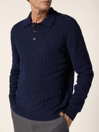 Polo Shirt in Night Blue Wool and Cashmere Houndstooth Knit 4