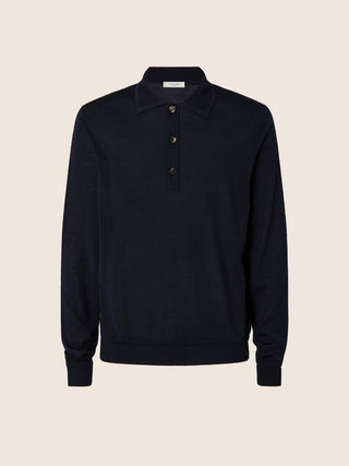 Long-Sleeve Polo in Navy Blue Wool and Silk 1
