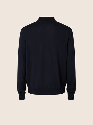Long-Sleeve Polo in Navy Blue Wool and Silk 2