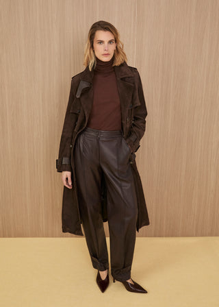 Long double-breasted dark brown suede trench coat with leather accents on the collar, matching turtleneck top, loose-fit high-waisted brown leather trousers, and dark pointed shoes
