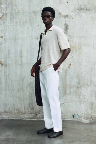 White Mélange Pure Linen Polo Shirt