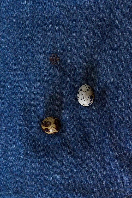 Close-up of blue denim fabric texture with two speckled quail eggs resting on the surface.